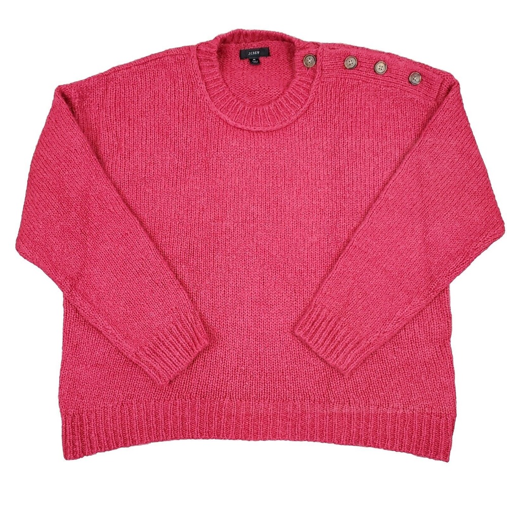J.Crew Button Shoulder Crewneck SweaterAlpaca Wool Blend Sz M Pink Relaxed Fit